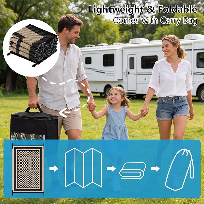 Kohree RV Outdoor Rug 8x10 Reversible, Waterproof Patio Mat with 4 Stakes & UV Fade Resistant, Non-Slip Outdoor Camping Mat for Deck, Picnic, Backyard, Includes Carry Bag (Black & Brown)