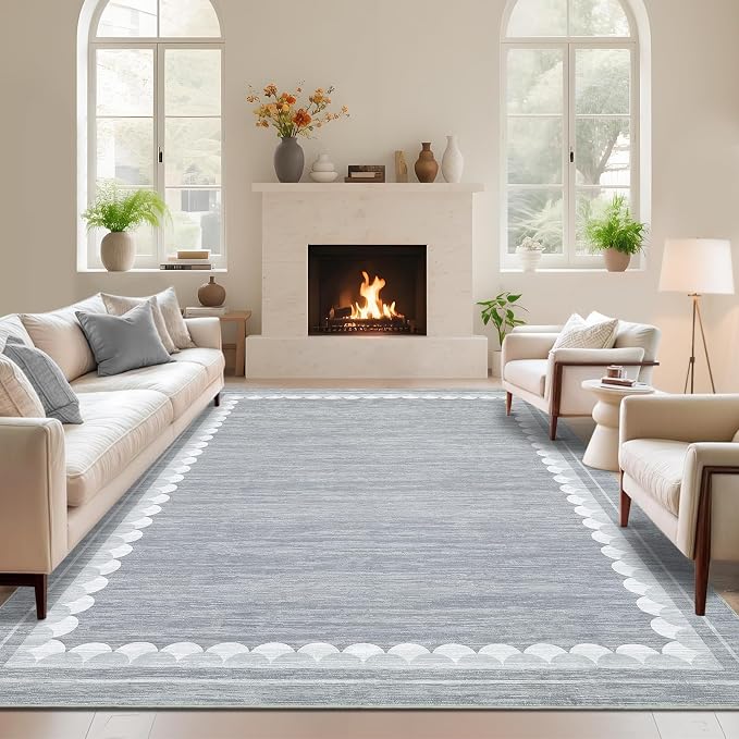 COZYLOOM Bedroom Rugs 9x12 Office Rugs for Rolling Chairs Washable Rug with Non Slip Backing, Modern Solid Non Shedding Low Pile Soft Carpet Stain Resistant Border Mats for Living Room, Bedroom, Grey