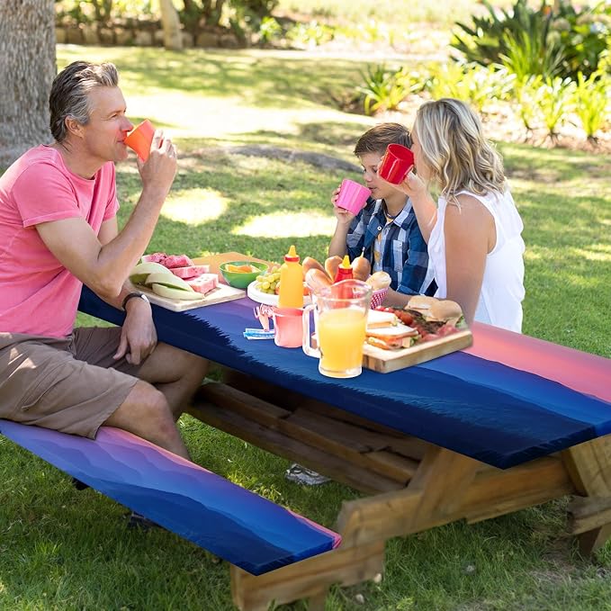 3 Piece Fitted Picnic Table Cover with Bench Covers, 72"x30" Full Elastic Edge Camping Tablecloth, Waterproof Wipeable RV Outdoor Patio Park Camping Essentials With Drawstring Bag (Nature)