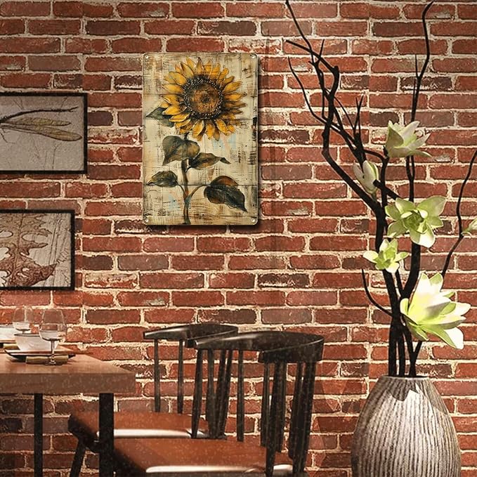 Metal Sign Tin Sign Vintage Wall Art Shabby Chic Sunflower Tin Sign for Rustic Wall Decor Antique Artistry and Distressed Wood Surface Tin Signs for Women for Pub 8×12 Inches