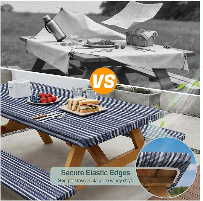 Play Tailor Picnic Table Cover with Bench Covers Camping Essentials Waterproof Windproof Camping Tablecloth with Drawstring Bag, Fitted Rectangle Tables and Seats, 72in, Navy Blue Stripes