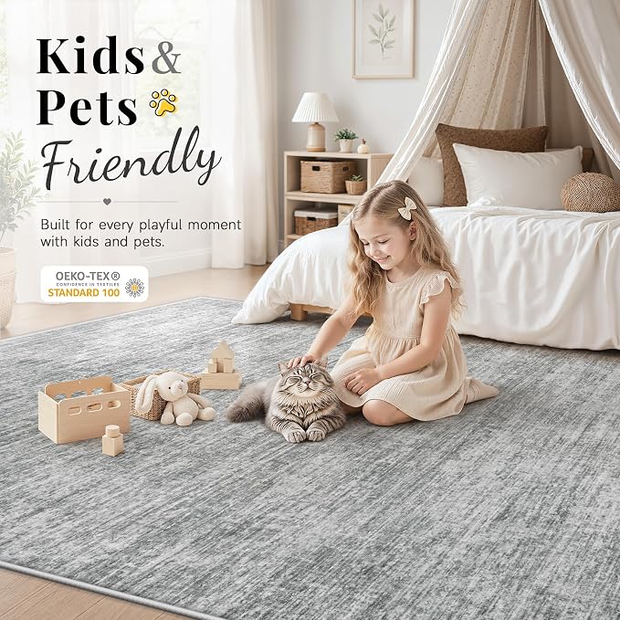 6x9 Area Rugs Living Room Rug: Washable Modern Abstract Rugs Neutral Non Slip Rug Soft Low Pile Indoor Bedroom Carpet for Nursery Office Dining Room Kids Room (Grey, 6'x9')