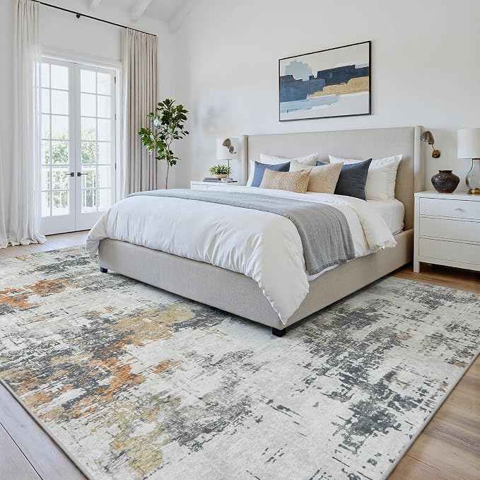 6x9 Area Rugs for Living Room: Washable Soft Grey Abstract Bedroom Carpet | Non-Slip TPE & Stain Resistant,0.25" Low-Pile,Kids Pet Friendly Modern Decor for Dining Room Farmhouse Office, Non-Shedding