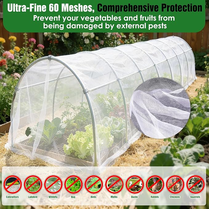 10 X 60FT Garden Mesh Netting Ultra Fine Mesh Netting Pest Barrier, Insect Bug Bird Netting for Vegetables Fruit Flower Garden Protection, Thickened 60 Mesh Row Covers Fabric Screen from Birds Bugs