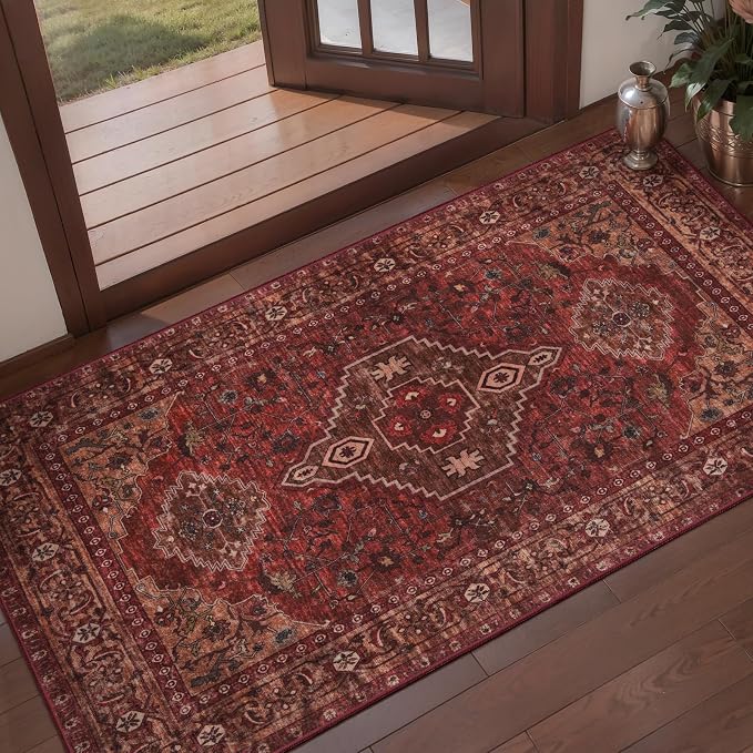 Tangsoo Oriental 2x4 Runner Washable Rugs for Entryway, Non Slip Small Rug | Red Boho Indoor Front Door Rug Mat, Vintage Print Small Carpet, Soft Low Pile Throw Rug for Entrance Entry Kitchen Bedside
