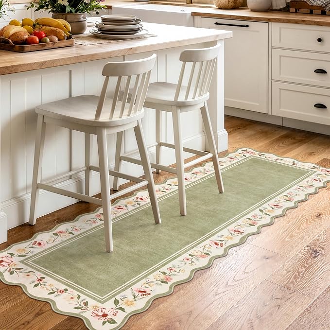 Lahome Floral 2'x 6' Washable Kitchen Runner Rug, Green Rug Runners for Hallways Non Slip, Scalloped Runner Rug Ultra-Thin Stain Resistant Boho Carpet for Entryway Bathroom Bedroom Ariele（Green，2x6ft）