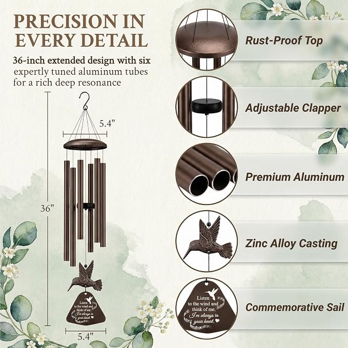 36" Memorial Wind Chimes for Outside, Sympathy Gift for Loss of Loved One, Hummingbird Wind Chime for Mom Dad, Bereavement Remembrance Funeral Condolence Gift