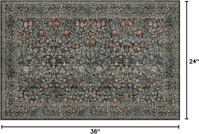 Dark Green Washable Entry Rug - Front Door Throw Rugs Indoor, Non-Slip Bathroom Small Rugs, Vintage Floral Thin Rug for Kitchen, Boho Entryway Décor (2x3 Dark Green)