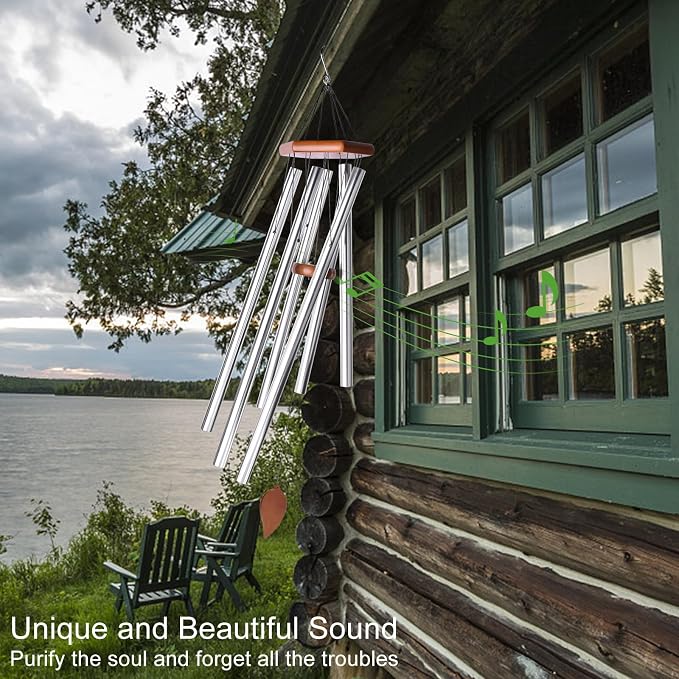Sympathy Wind Chimes for Outside Deep Tone, Memorial Loss of a Loved, Large Wind Chimes with 6 Thicken Tubes & Hook, Outdoor Gifts Mother, Garden Decor (45IN Silver)