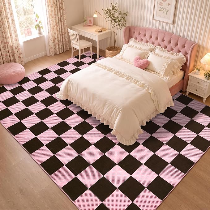 GarveeHome Checkered Brown Pink 8x10 Washable Rug for Living Room Bedroom | Pink Rug for Girl Room Nursery Large Rug for Dinning Room Low-Pile Non-Slip Soft Stain Resistant Geometric Rugs TPE Backing
