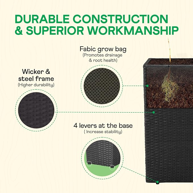 IDZO All Weather Wicker Planter Raised Garden Bed, 24 in Tall Round Rattan Flower Pots, Durable Self-Watering Indoor Outdoor Wicker Planters for Porch Patio Balcony