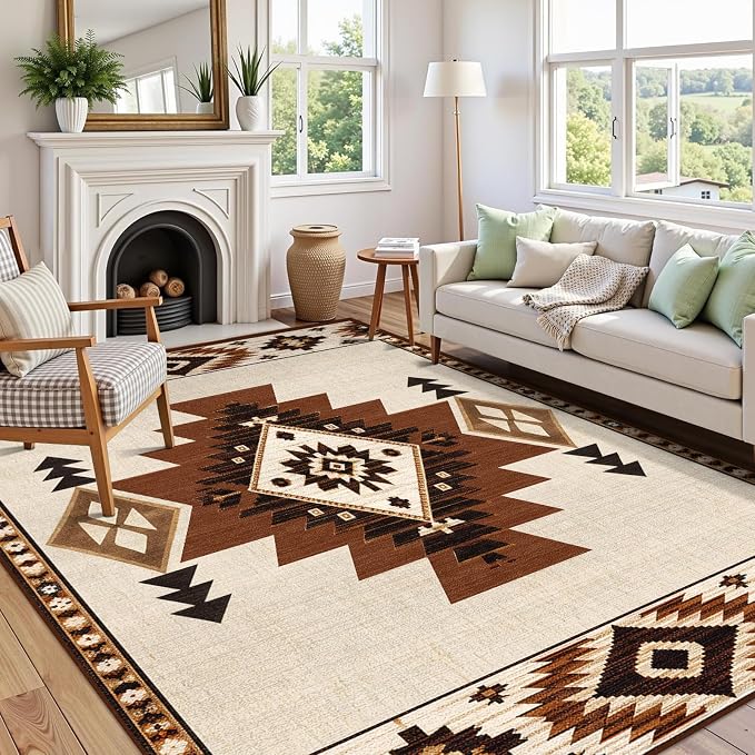 Area Rug 6x9 Western Rug for Living Room Southwestern Aztec Rugs | Machine Washable Southwest Tribal Navajo Rugs Low Pile Non-Slip Floor Carpet for Living Room Dining Room Bedroom Office