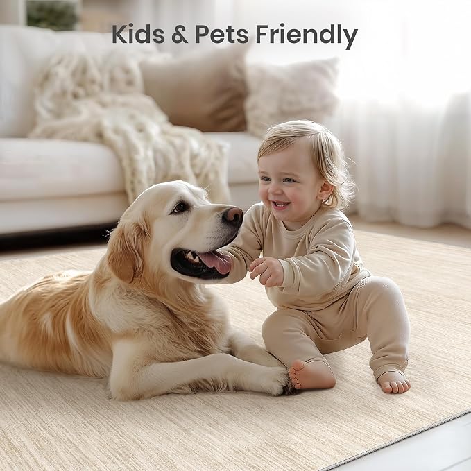 Valenrug 8x10 Area Rugs for Living Room, Large Washable Rug Non Slip, Beige | Soft Low Pile, Thin & Lighweight Carpet, Folable Stain Resistant Modern Indoor Floor Mat for Bedroom, Dining Room, Home Decor