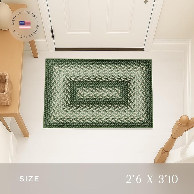 Maples Rugs Marion Bohemian Braided-Style Print Area Rug – Made in USA – Washable, Non-Slip Low-Profile Small Indoor Rug for Entryway & Kitchen, 46" x 30", Green
