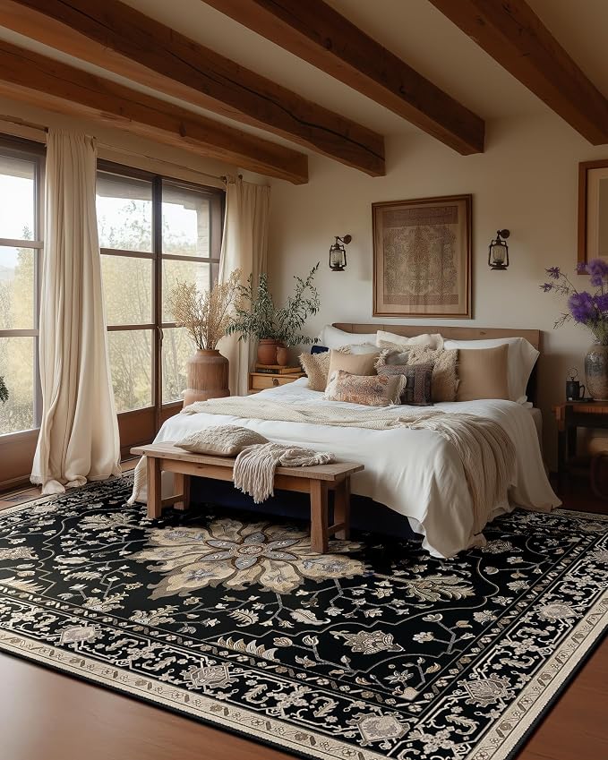 RELEANY Washable Area Rug, 6'x9', Black/Neutral | Non-Slip, Water Repellent, Pet Friendly, Easy to Clean, Vintage Floral Boho Decor for Living Room Bedroom Dining Room Office