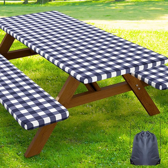 Smiry Picnic Table Cover with Bench Covers, Waterproof Elastic Fitted Tablecloths for 24x48 Rectangle Tables, Washable Buffalo Plaid Tablecloth for Camping, Outdoor (Navy & White, 24" x 48")
