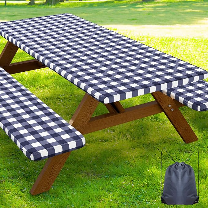Smiry Picnic Table Cover with Bench Covers, Waterproof Elastic Fitted Tablecloths for 8 Foot Rectangle Tables, Washable Buffalo Plaid Tablecloth for Camping, Outdoor (Navy & White, 30"x96")