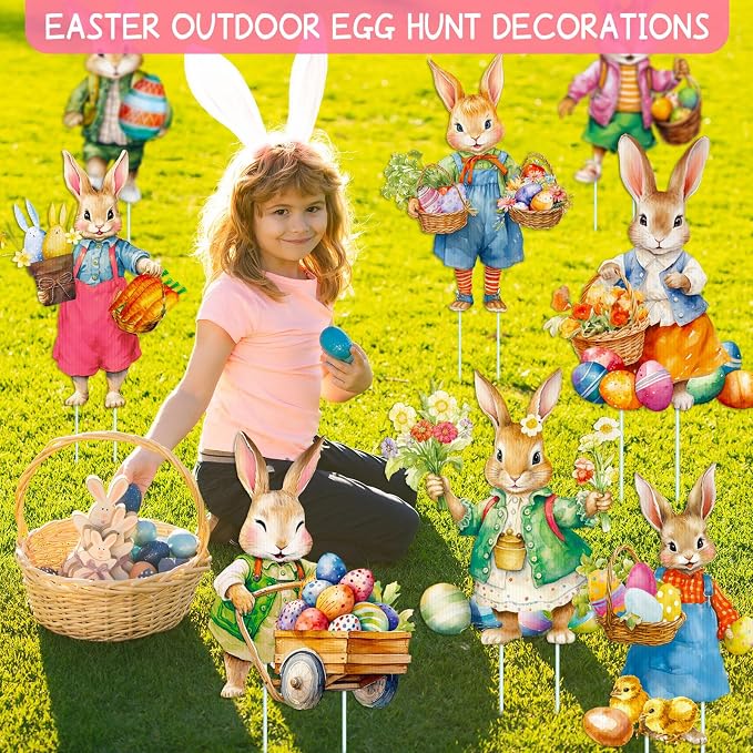 Menkxi 12 Pcs Easter Vintage Bunny Yard Signs Rabbit Lawn Sign Plastic Outdoor Decoration Spring Easter Yard Decor with Stake for Wedding Party Supplies Garden Patio Walkway Home Photo Prop