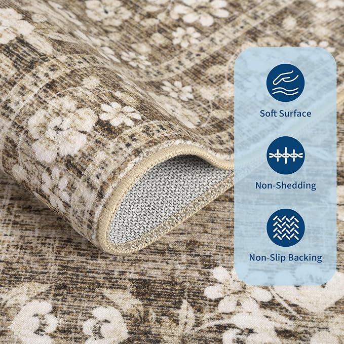 GarveeHome Runner Rug 2x10 for Porch Vintage Distressed Throw Carpet | Machine Washable Leaf Flower Botanical Long Rug for Laundry Room Low Pile Non-Slip Beige Runners Floral Rug for Bathroom