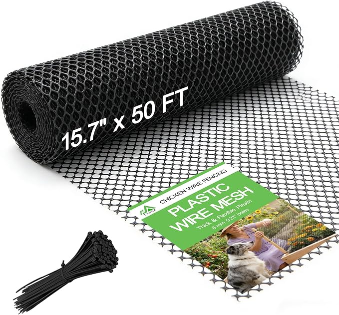 15.7" x 50' Plastic Mesh Fence Roll - Heavy Duty Chicken Wire Mesh Fence - Upgraded Thick Animal Barrier for Garden, Balcony Railing Safety Net, Poultry Netting with 20 Zip Ties, Black