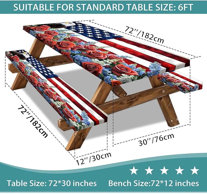Picnic Table Cover with Bench Covers and Bag, American Flag Eagle Summer Camping Essentials Outdoor Table Covers with Elastic Picnic Waterproof Fitted Tablecloth for RV Picnic Travel 3pcs 96inch