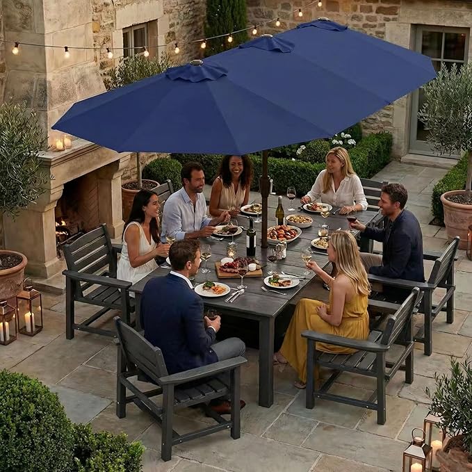Kingdura 13ft Large Patio Umbrella with Base Included, Double-Sided Rectangle Outdoor Table Umbrella with 12 Reinforced Ribs, Crank Lift for Market Pool Deck Backyard, Navy blue