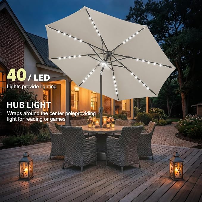 10FT Solar Umbrella Outdoor - Lighted Solar Patio Umbrella with 40 LED Lights Waterproof UV Protection, Table Umbrella with Tilt for Pool, Porch, Garden, Deck, Backyard (Taupe)