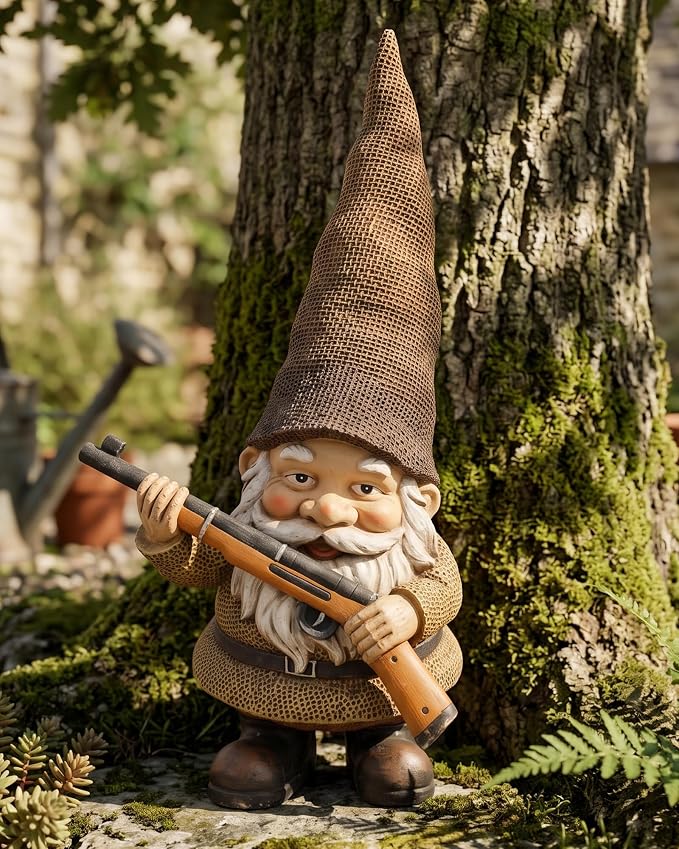 Elenon Garden Gnome Outdoor Statue, 10.6'' High Funny Dwarf with Gun Figurine Decor, Resin Sculpture for Patio Yard Lawn Porch Decoration Ornaments Gift