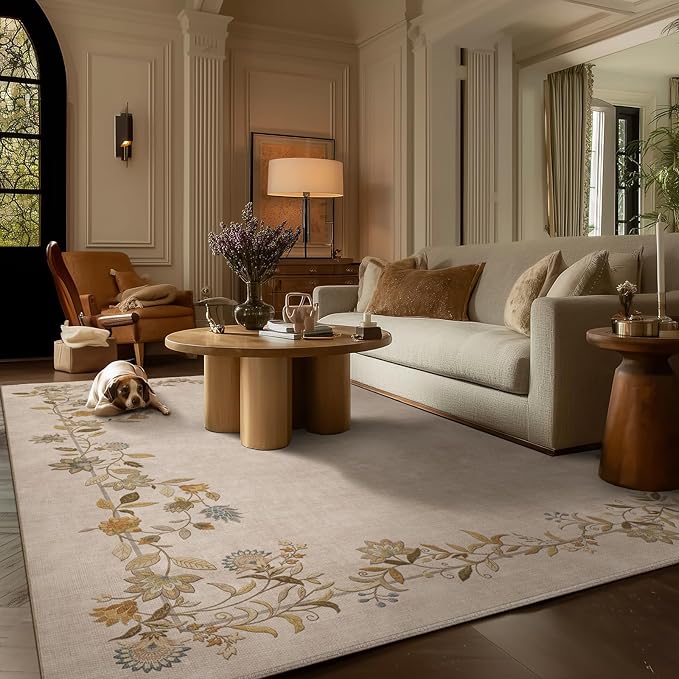 6x9 Area Rugs for Living Room: Washable Bedroom Rug Stain Resistant Non Slip Low Pile Ultra Soft Faux Wool Lightweight Vintage Print Rugs for Kitchen Dining Room Farmhouse Nursery Home Office