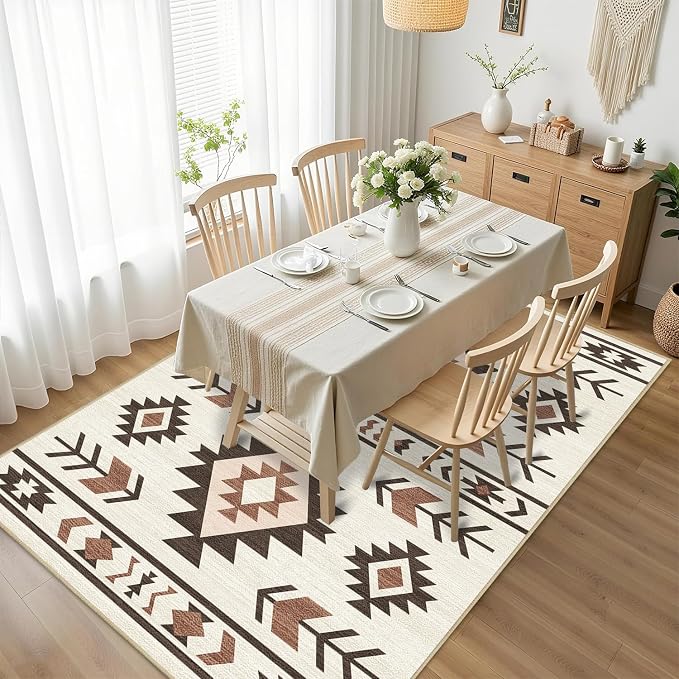Western Area Rug 4x6 for Living Room, Southwestern Aztec Tribal Area Rugs Southwest Navajo Machine Washable Rug Non-Slip Printed Low-Pile Floor Carpet for Bedroom Dining Room Office, Beige