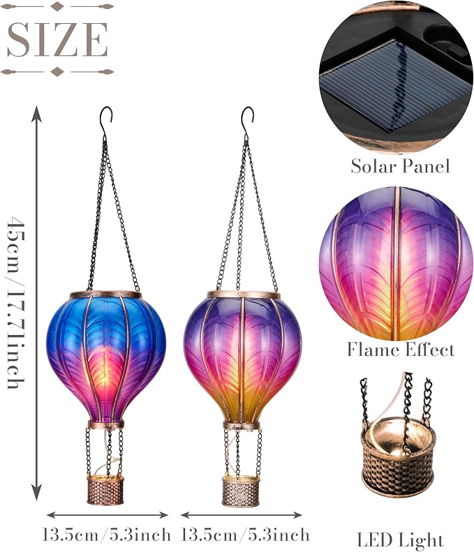 TERESA'S COLLECTIONS 2 Pack Hanging Solar Lantern Outdoor Garden Decor for Valentine,Waterproof Plastic Hot Air Balloon Purple Flickering Flame Effect Lantern for Yard Tree Gift for Mom,18"