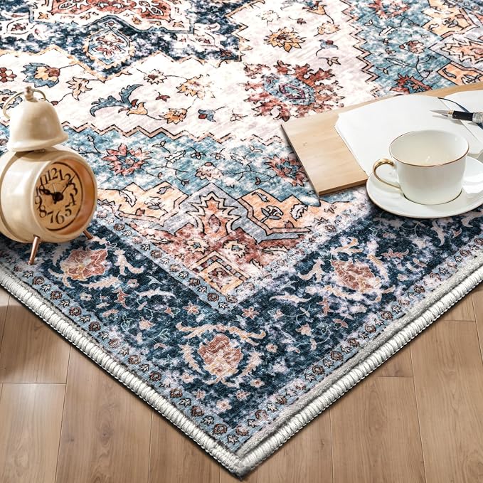 SERISSA 3x5 Washable Non Slip Boho Area Rug for Bedroom，Blue Orange | Ultra Soft Vintage Oriental Carpet Low-Pile Distressed Tribal Throw Rug Carpet for Living Room Nursery Kitchen Dorm Decor