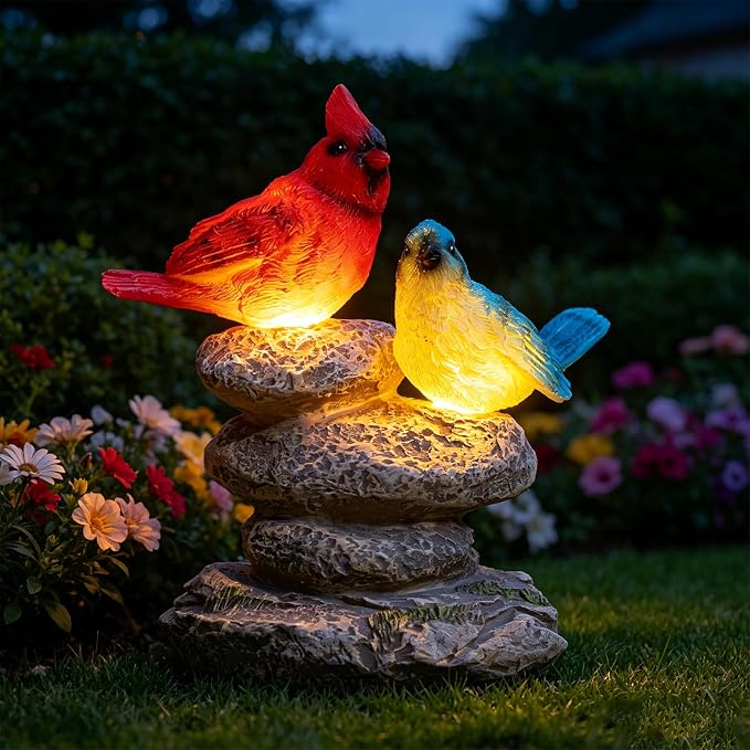 Solar Garden Statues Outdoor Decor, Garden Sculptures Stones Statue Novelty Birds Figurine Decoration for Patio Yard Porch Art Home Decor