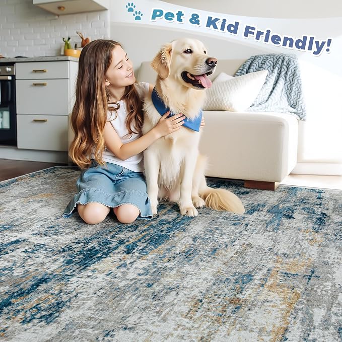 pmtsns Area Rugs 8x10 for Living Room: Washable Rug Modern Abstract Neutral Soft Non-Slip Low-Pile Indoor Large Carpet for Bedroom Dining Room Home Office Children's Room(BlueGreyGold, 8'x10')