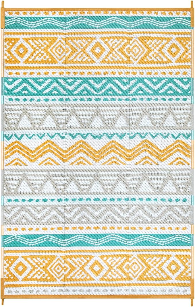 Lahome Waterproof Outdoor Rug 6x9, Reversible Outdoor Plastic Straw Rug for Camping, Large RV Outdoor Patio Rug, Outdoor Rugs Carpet for Porch Deck Backyard Balcony Picnic(Blue/Yellow,6'x 9')