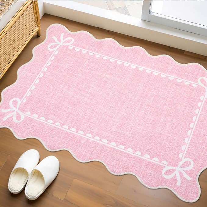 GarveeHome Scalloped Entryway Rug 2x3 Washable Front Door Bow Rug, Pink | Non Slip Soft Low Pile Ultra-Thin Stain Resistant Indoor Carpet for Girls Dorm Nursery Bedroom Decor Hallway Kitchen Floor