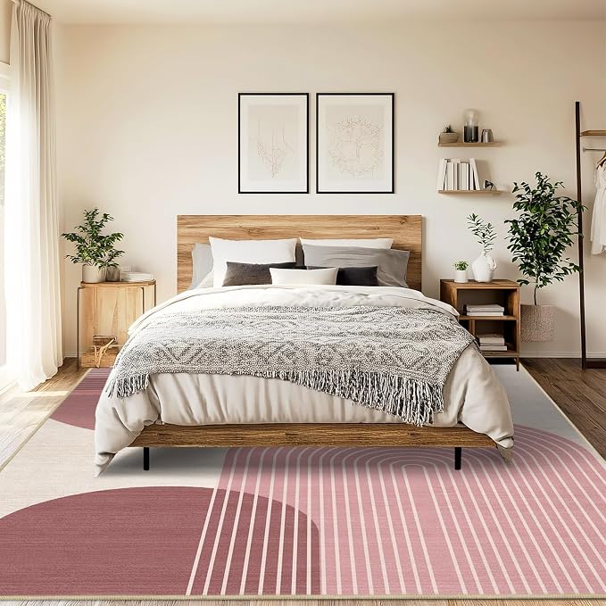 9x12 Large Area Rug for Living Room Boho Rug Bohemian Rugs Machine Washable Modern Geometric Rug Non Slip Printed Low Pile Indoor Floor Carpet for Dining Room Bedroom Office,Pink