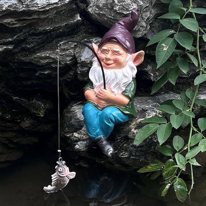 Garden Gnomes Outdoor Statue, Gnome Decorations for Yard 9.7'' Fishing Gnome Statue Outdoor Garden Decor, Fishing Guy for Waterfalls or Koi Pond Decor, Gifts for Women, Mom or Birthdays
