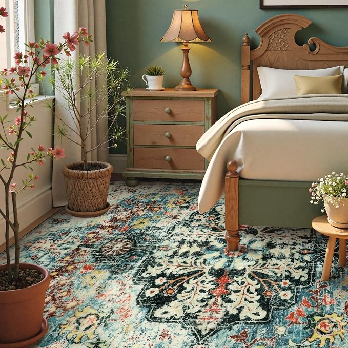 Lahome Reine Area Rugs 6x9, Washable Area Rugs for Living Room Non Slip Bedroom Dining Room Rug, Large Bohemian Soft Stain Resistant Indoor Floor Carpet for Apartment Nursery Kids Room, Teal
