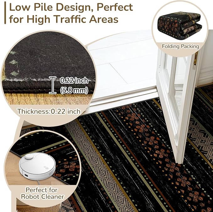 9x12 Washable Area Rugs for Living Room Boho Bedroom Rug Colorful/Black | Vacuum Friendly, Machine Washable, Non-Slip Rug, Stain Resistant, Moroccan Geometric, Low Pile Carpet, Dining Room Kitchen