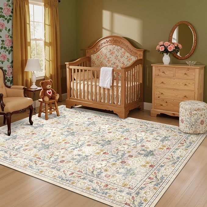 GarveeHome Beige Washable Area Rug 5x7, Retro Floral Low Pile Non Slip Living Room Rug Soft Cottage Core Rug Farmhouse Indoor Carpet for Bedroom Dining Room Playroom