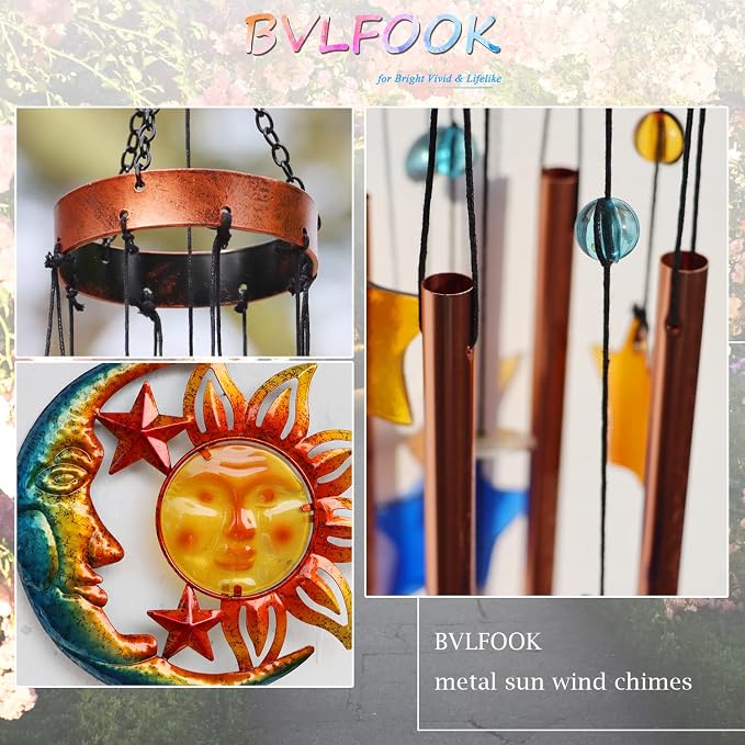 Sun Moon Star Wind Chime for Outside Decoration, with Star Shape Suncatcher | BVLFOOK; Aluminium Tubes; Wind Chimes; Hanging for Porch Patio Balcony Décor; 37 Inch; indoor & outdoor