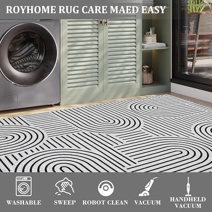 ROYHOME Modern 2.5x10 Hallway Runner Rug Non Slip Kitchen Rug Blackwhite | Abstract Washable Mat, Rainbow Geometric Runners Rugs for Bedroom, Long Rugs for Entryway Arch Pattern Bathroom Laundry Dorm