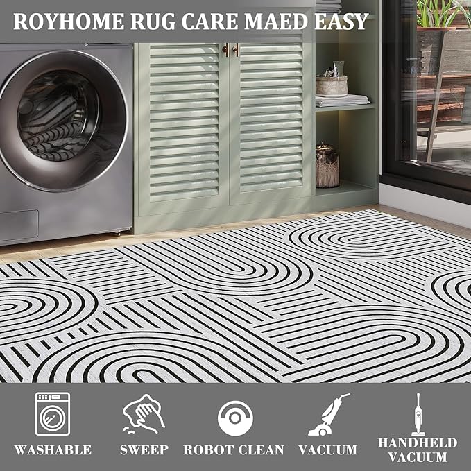 ROYHOME Modern Washable Rug Rainbow 3x5 Area Rugs for Living Room Non Slip | Abstract Rug for Bedroom, Throw Rugs with Rubber Back, Low Pile Stain Resistant Geometric Carpet for Playroom Dorm BlackWhite