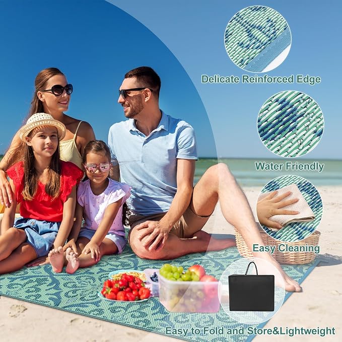 Lahome Waterproof Outdoor Rug 6x9 ft, Reversible Plastic Straw Patio Rug for Camping, RV Mat Outside, Indoor Outdoor Carpet for Porch Deck Backyard Camper Picnic, Light Blue and Green 6x9