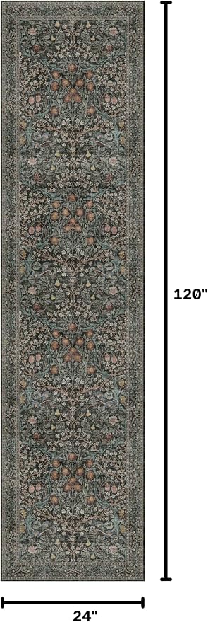 Vintage Washable 2x10 Runner Rug Non Slip for Hallway, Kitchen, Entryway, 10ft Stain Resistant Extra Long Soft Rug Runners, Dark Green Floral Unique Botanical Floor Mat
