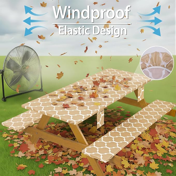 Fitted Waterproof Picnic Table Cover with Bench Covers Elastic Edges Camping Tablecloth for 8 Foot Rectangle Tables Camp Cooking Motorhome Party Equipment Car Rv Travel Trailer Needs Gifts