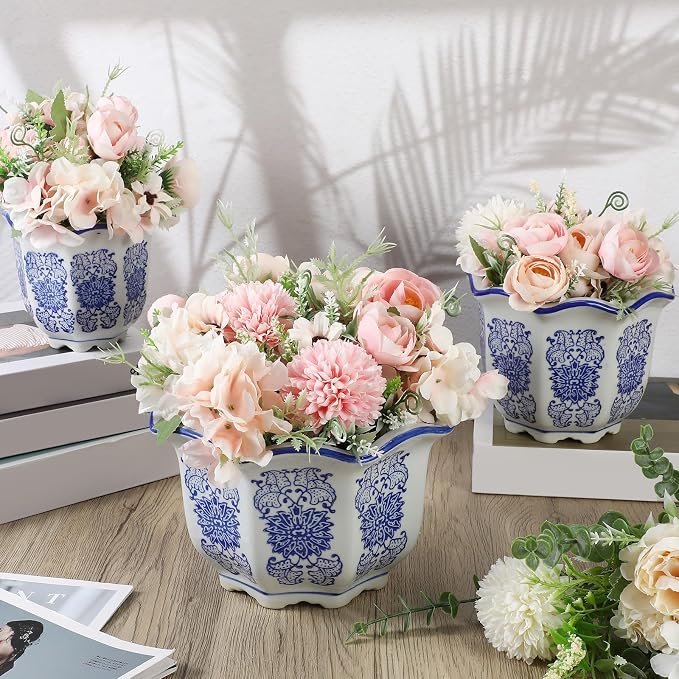 Briwooody Set of 3 Blue and White Porcelain Flower Pots 7.2'' 6'' 4'' Decorative Chinoiserie Plant Pots with Drainage Hole Saucers Ceramic Planters for Indoor Garden(Classic Style)