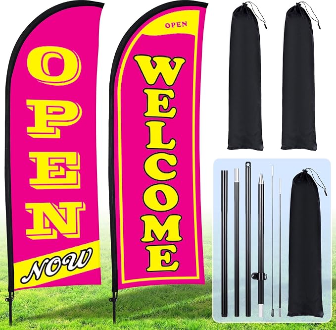 Buryeah 2 Sets Now Open Flag Banner for Business Advertising 7 ft Feather Flag Sign with Flagpole Ground Stake Portable Bag (Hot Pink)