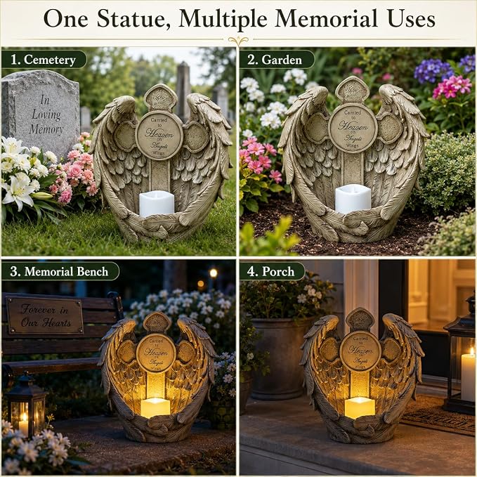 Solar Angel Wings Memorial Statue with LED Candle & Cross, Weather-Resistant Resin Grave Decorations for Cemetery, Sympathy Bereavement Gifts for Loss of Loved One